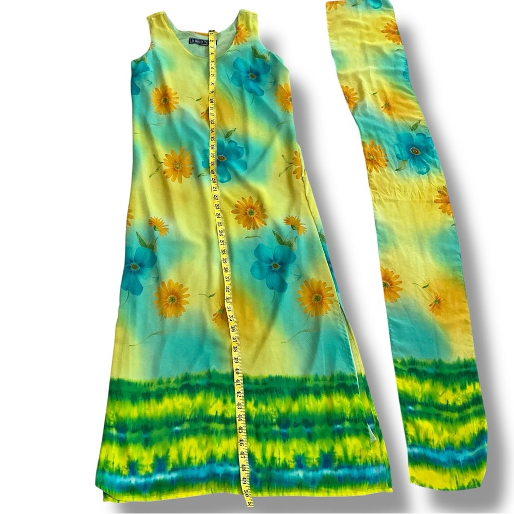 Sleeveless Yellow & Aqua Floral Maxi Dress with Scarf - Picture 9 of 13
